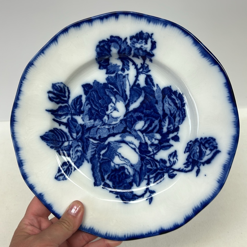 Antique flow  blue Victorian Roses Ironstone 10” ruffle edged plate England
